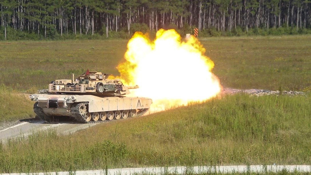 Marines fire an M1A1 Abrams tank during a gunnery range at Camp Lejeune, N.C., Sept. 19, 2017. The semi-annual range consists of multiple firing tables and a final qualification. The Marines are with 2nd Tank Battalion, 2nd Marine Division. (U.S. Marine Corps photo by Lance Cpl. Holly Pernell)