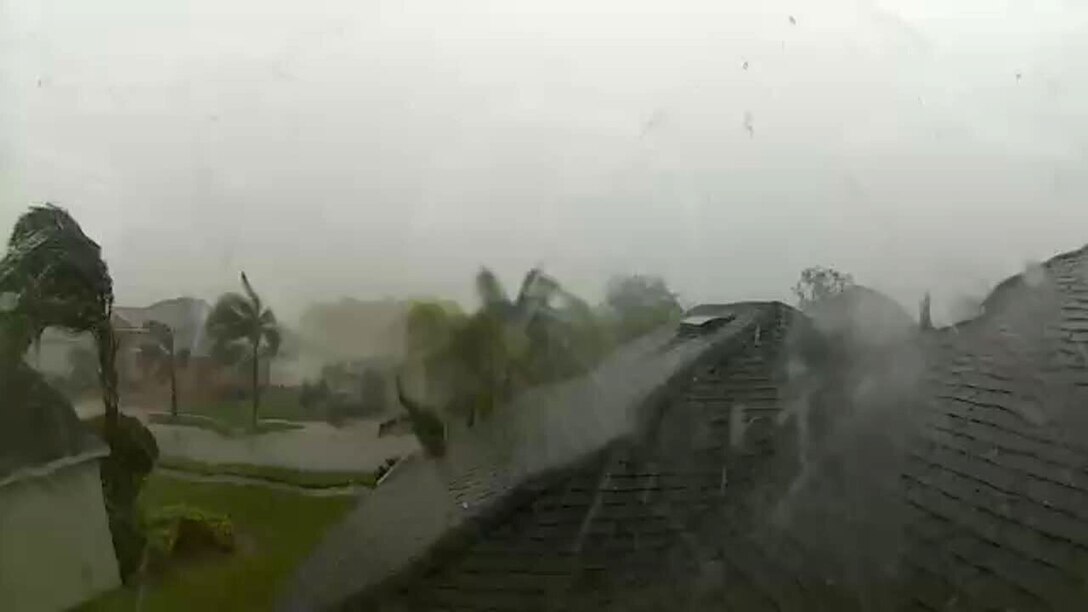 While Hurricane Irma passed over Patrick Air Force Base, Florida in the early morning hours of Sept. 11, 2017, 920th Rescue Wing operations leadership from Patrick Air Force Base, Florida, managed the Air Force Reserve’s rescue operations response to the now Category 3 storm from the dinner table of Chief Master Shane Smith's house, across the mainland from PAFB. This was the scene from one of the windows as Col. Michael LoForti, 920th Operations Group commander, together with Smith, 920th OG superintendent and Lt. Col. Jeff Hannold, the groups’ mission commander, rode out the historic storm in Smith’s house. (Courtesy photo)