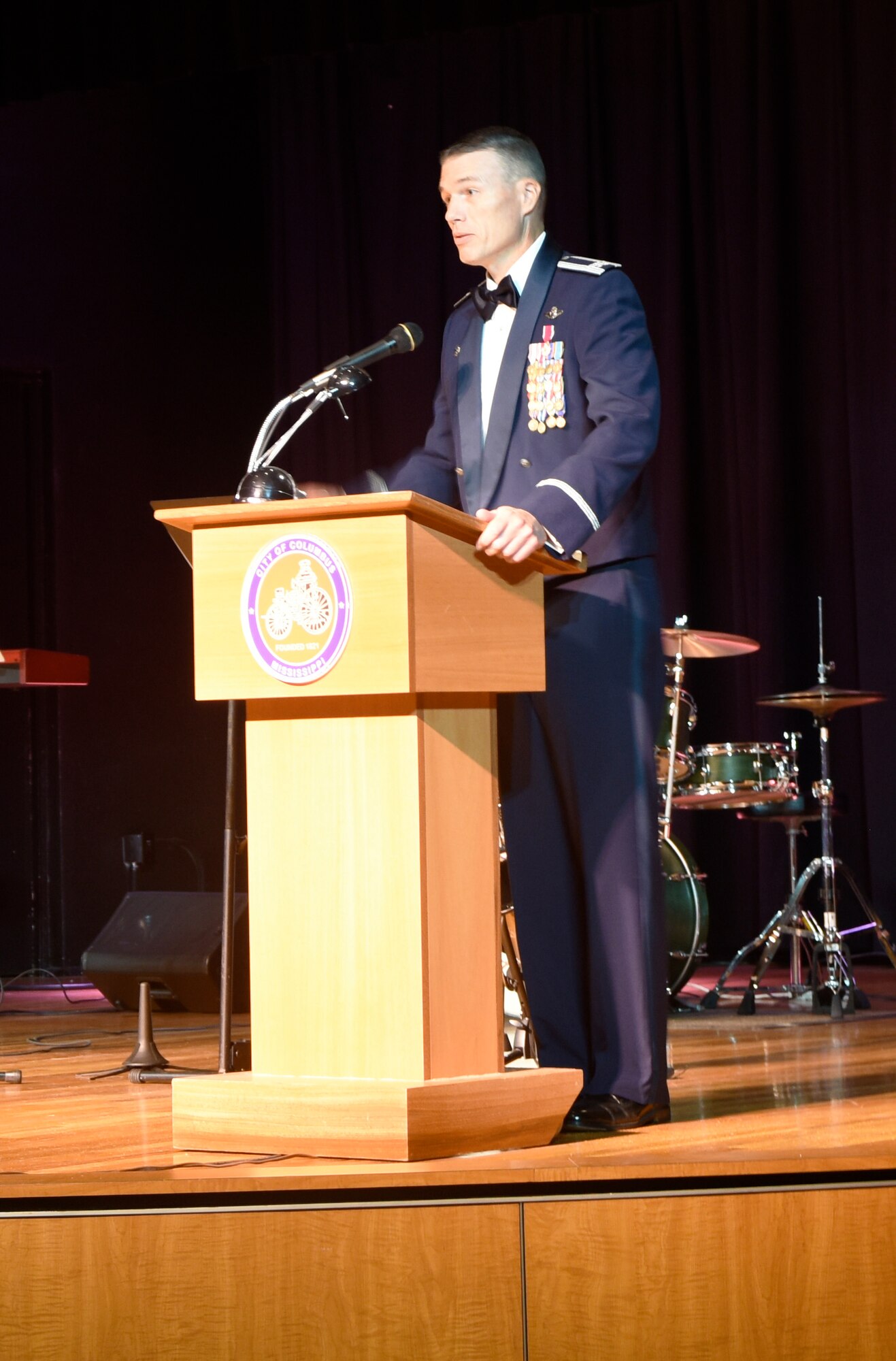 Col. Doug Gosney, 14th Flying Training Wing Commander, speaks Sept. 15, 2017, during the 14th FTW’s 70th Air Force Birthday Ball at the Trotter Convention Center in Columbus, Mississippi. More than 400 Columbus Air Force Base members and community partners attended the event. (U.S. Air Force photo by Melissa Doublin)