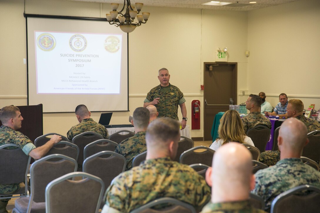 Col. Ricardo Martinez, chief of staff, speaks at the Suicide Prevention Symposium, held aboard the Combat Center, September 19, 2017. The symposium,  organized by the behavioral health branch of Marine Corps Community Services, provided Combat Center leadership with information and resources to aid in dealing with mental health and suicide prevention. (U.S. Marine Corps photo by Lance Cpl. Isaac Cantrell)