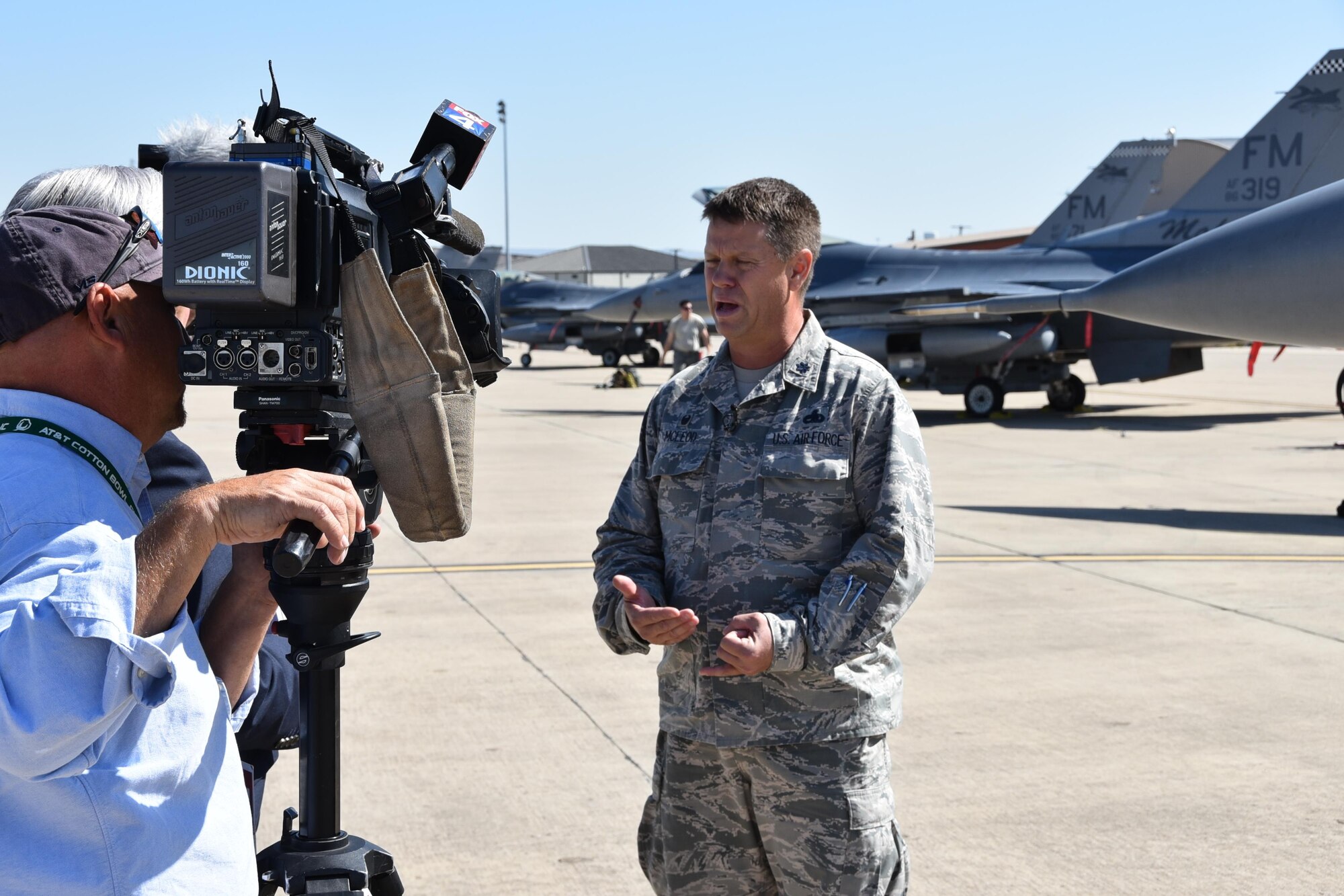 Lt. Col. William McLeod speaks with members of the media about relocating to Naval Air Station Fort Worth Joint Reserve Base, Texas in order to keep aircraft safe ahead of Hurricane Irma.