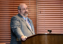 Howard "Hooch" Halvorsen, Tinker's base historian, educated attendees at Tinker's celebration of the Air Force's 70th Birthday on Sept. 18 on the history of the Air Force and the importance of sustaining aging aircraft.