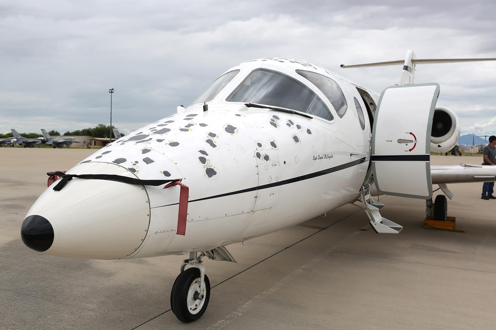 The first of 11 T-1A Jayhawks arrives at AMARG from Laughlin Air Force Base, Texas, on Aug. 1, 2017, for hail damage repair.