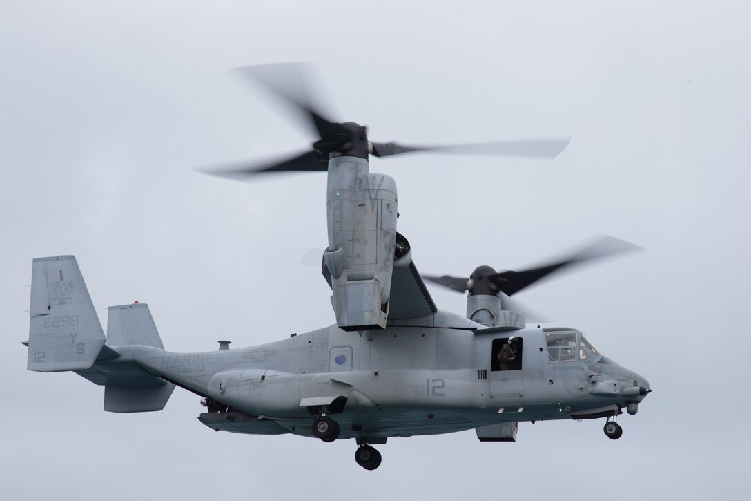 A U.S. Marine Corps MV-22B Osprey aircraft with Marine Medium Tiltrotor Squadron (VMM) 162 (Reinforced), 26th Marine Expeditionary Unit (MEU), returns to the USS Kearsarge (LHD3) following a key leader engagement with representatives from the Federal Emergency Management Agency (FEMA) and the Puerto Rico National Guard, in the Caribbean Sea, Sept. 22, 2017. The 26th MEU brings diverse capabilities and is positioned in the region awaiting tasking to support FEMA, the lead federal agency, in helping those affected by Hurricane Maria to minimize suffering and is one component of the overall whole-of-government response effort. (U.S. Marine Corps photo by Lance Cpl. Alexis C. Schneider)