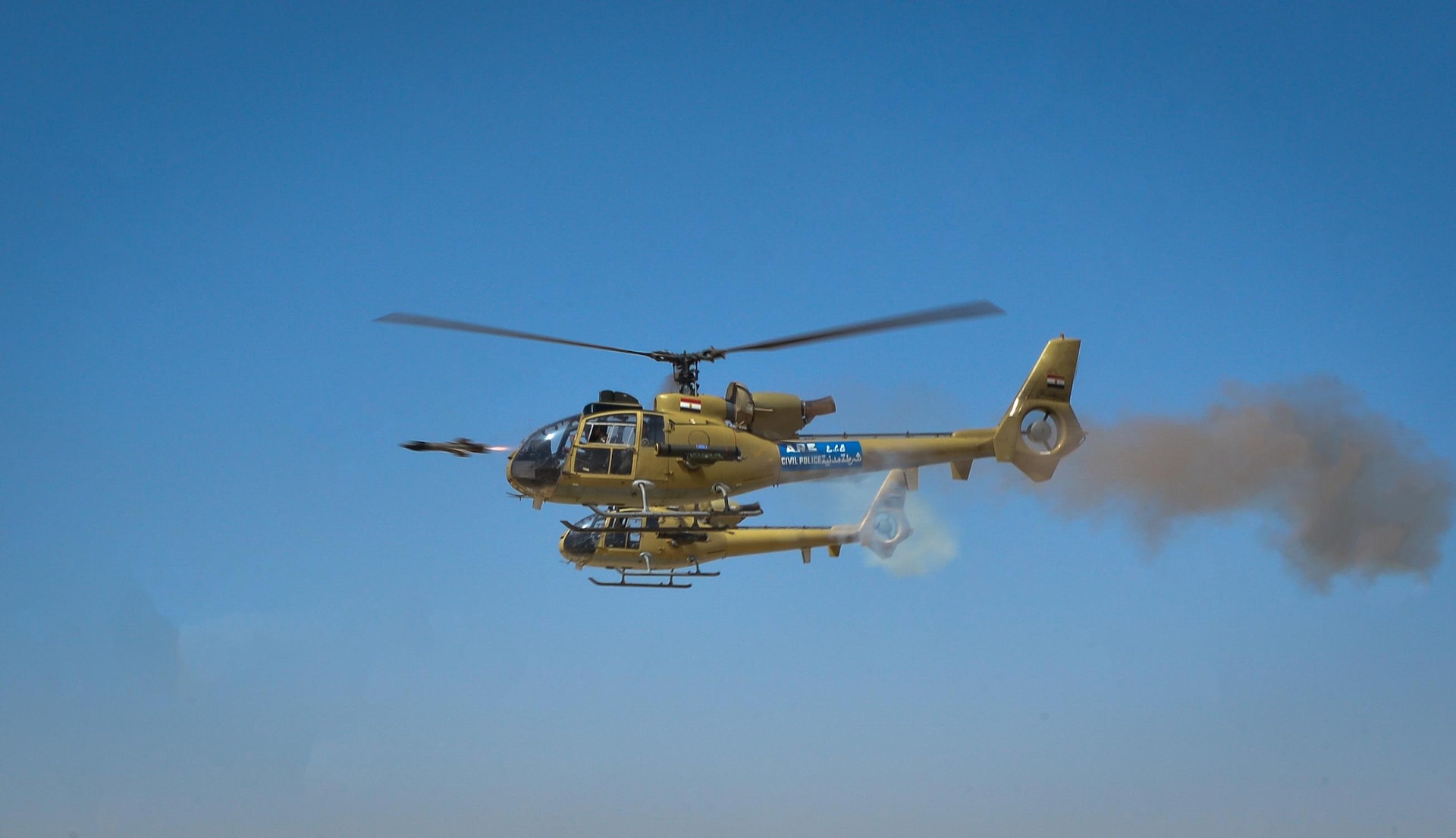 Two Egyptian Aérospatiale Gazelle helicopters participate in a combined arms live fire exercise during Bright Star 2017, Sept. 20, 2017, at Mohamed Naguib Military Base, Egypt. More than 200 U.S. service members are participating alongside the Egyptian armed forces for the bilateral U.S. Central Command Exercise Bright Star 2017, Sept. 10 – 20, 2017. (U.S. Air Force photo by Staff Sgt. Michael Battles)