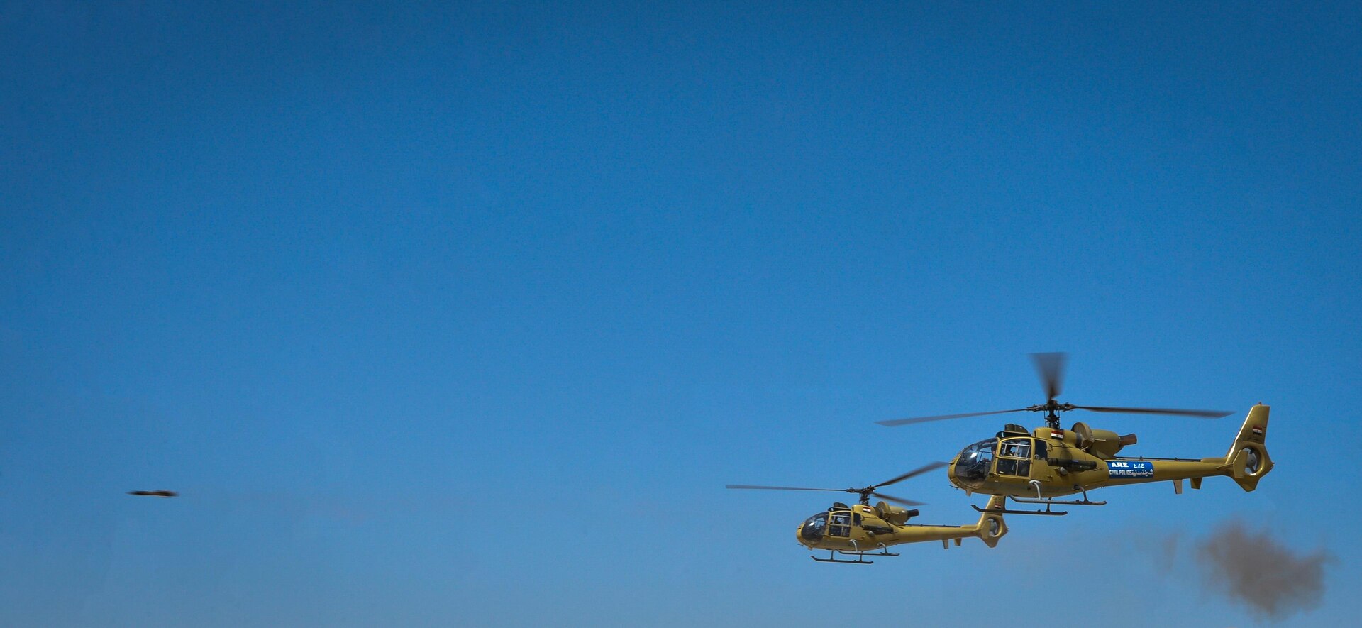 Two Egyptian Aérospatiale Gazelle helicopters participate in a combined arms live fire exercise during Bright Star 2017, Sept. 20, 2017, at Mohamed Naguib Military Base, Egypt. More than 200 U.S. service members are participating alongside the Egyptian armed forces for the bilateral U.S. Central Command Exercise Bright Star 2017, Sept. 10 – 20, 2017. (U.S. Air Force photo by Staff Sgt. Michael Battles)