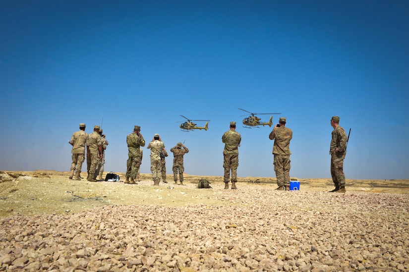 Two Egyptian Aérospatiale Gazelle helicopters participate in a combined arms live fire exercise during Bright Star 2017, Sept. 20, 2017, at Mohamed Naguib Military Base, Egypt. More than 200 U.S. service members are participating alongside the Egyptian armed forces for the bilateral U.S. Central Command Exercise Bright Star 2017, Sept. 10 – 20, 2017. (U.S. Air Force photo by Staff Sgt. Michael Battles)