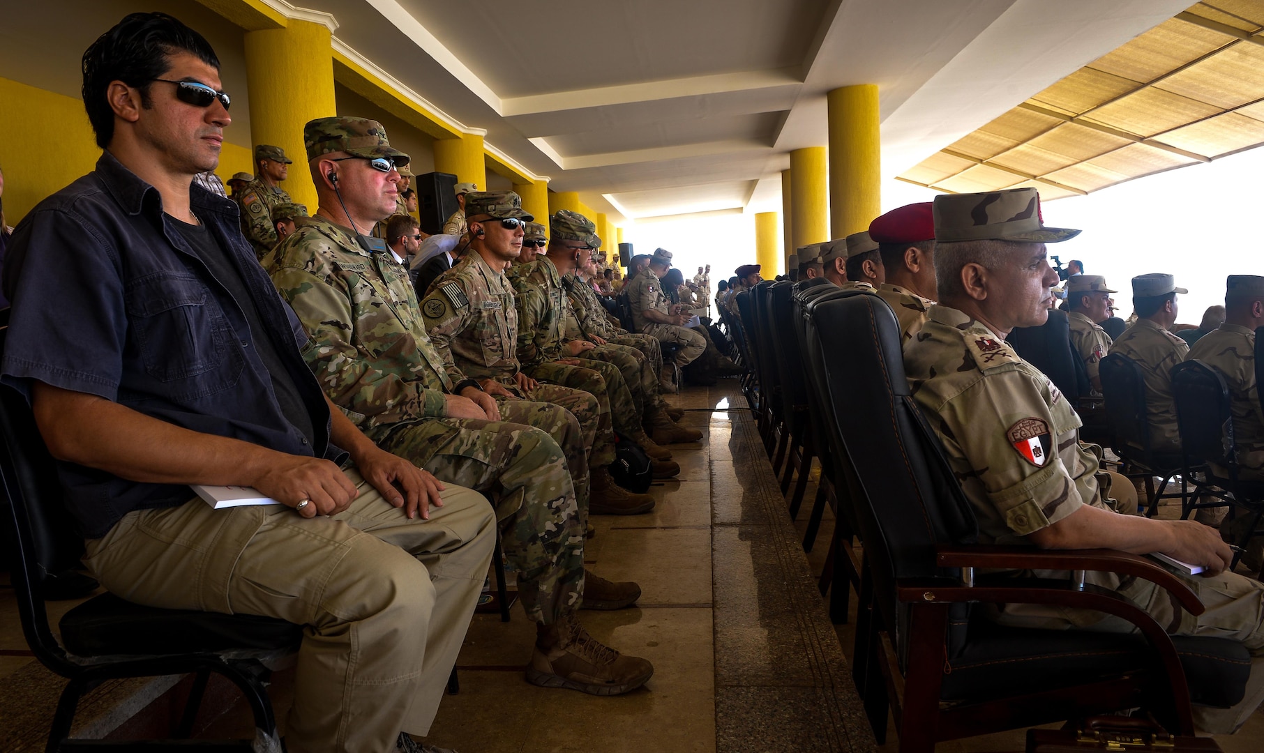 U.S. and Egyptian senior leaders watch a combined arms live fire exercise demonstration during Bright Star 2017, Sept. 20, 2017, at Mohamed Naguib Military Base, Egypt. Bright Star 2017 centralizes around regional security and cooperation, and promoting interoperability in conventional and irregular warfare scenarios. (U.S. Air Force photo by Staff Sgt. Michael Battles)