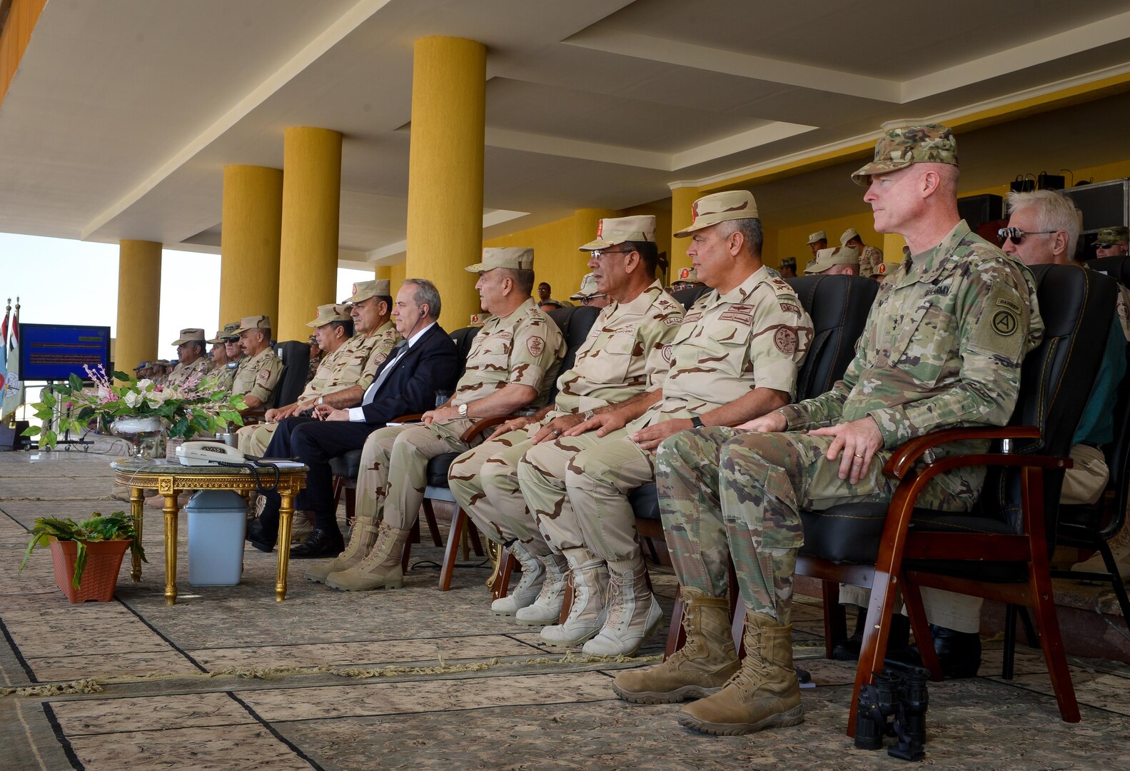 U.S. Army Maj. Gen. Terrence McKenrick, U.S. Army Central deputy commanding general, and Egyptian senior leaders watch a combined arms live fire exercise demonstration during Bright Star 2017, Sept. 20, 2017, at Mohamed Naguib Military Base, Egypt. Bright Star 2017 centralizes around regional security and cooperation, and promoting interoperability in conventional and irregular warfare scenarios. (U.S. Air Force photo by Staff Sgt. Michael Battles)