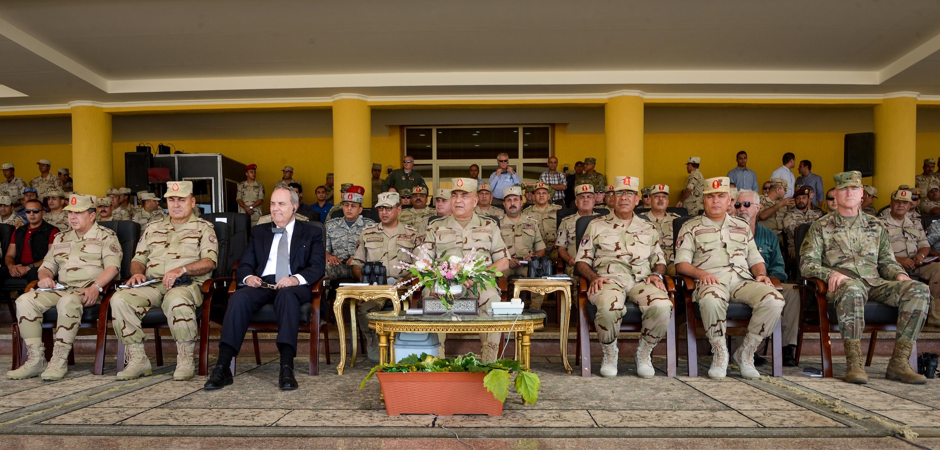 Thomas Goldberger, The U.S. Embassy’s Charge d’ Affaires to Egypt, along with U.S. and Egyptian senior leaders watch a combined arms live fire exercise demonstration during Bright Star 2017, Sept. 20, 2017, at Mohamed Naguib Military Base, Egypt. Bright Star is a combined command-post and field training exercise aimed at enhancing regional security and stability by responding to modern-day security scenarios with the Arab Republic of Egypt. (U.S. Air Force photo by Staff Sgt. Michael Battles)