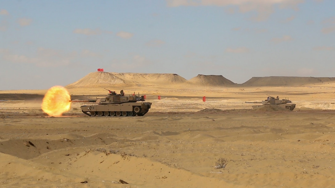 M1A2 Abrams Main Battle Tank crews assigned to Charlie Company, 2nd Battalion, 7th Cavalry Regiment, 3rd Armored Brigade Combat Team, 1st Cavalry Division engage targets at a live fire accuracy screening test range at Mohamed Naguib Military Base, Egypt, Sept. 15 in preparation for a culminating combined arms live fire exercise as part of the field training exercise of Exercise Bright Star 2017. Bright Star is a bilateral exercise between U.S. Central Command and the Arab Republic of Egypt during which about 200 U.S. personnel participated in a command-post exercise, a field training exercise and a senior leader seminar to promote and enhance regional security and cooperation. (U.S. Army photo by Staff Sgt. Leah R. Kilpatrick)