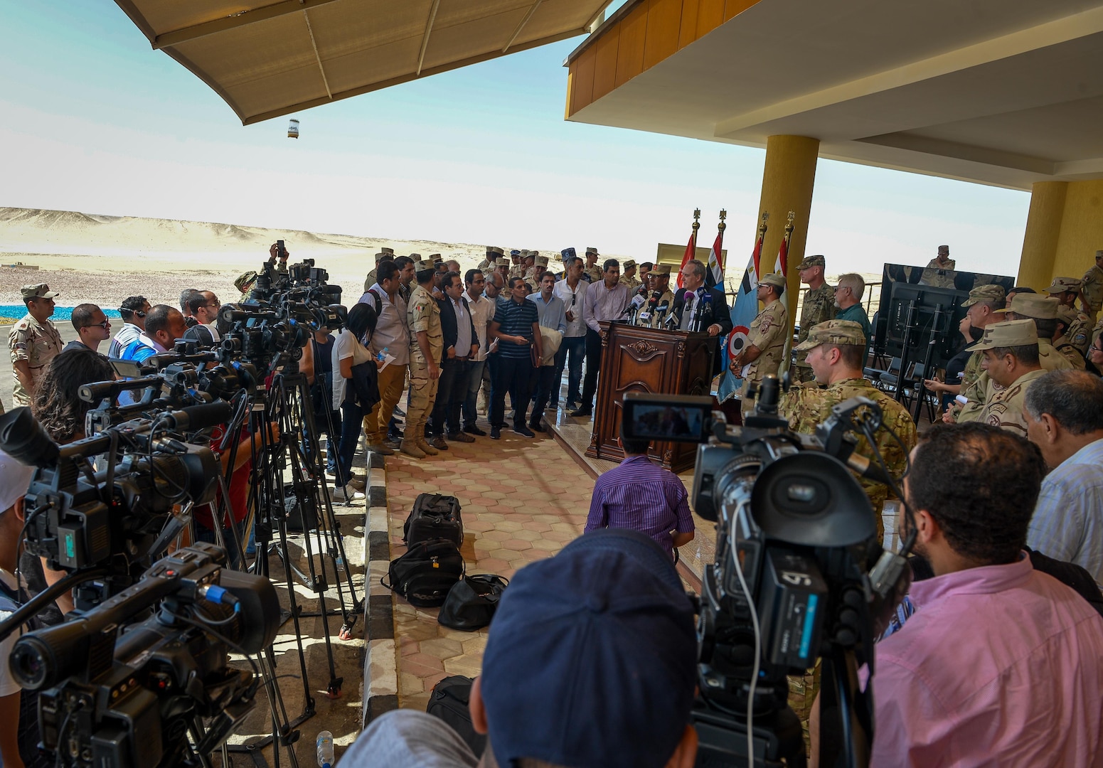 Thomas Goldberger, The U.S. Embassy’s Charge d’ Affaires to Egypt, answers questions from the media during the conclusion of Bright Star 2017, Sept. 20, 2017, at Mohamed Naguib Military Base, Egypt. Bright Star 2017 centralizes around regional security and cooperation, and promoting interoperability in conventional and irregular warfare scenarios. (U.S. Air Force photo by Staff Sgt. Michael Battles)