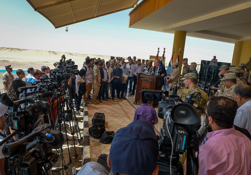 Thomas Goldberger, The U.S. Embassy’s Charge d’ Affaires to Egypt, answers questions from the media during the conclusion of Bright Star 2017, Sept. 20, 2017, at Mohamed Naguib Military Base, Egypt. Bright Star 2017 centralizes around regional security and cooperation, and promoting interoperability in conventional and irregular warfare scenarios. (U.S. Air Force photo by Staff Sgt. Michael Battles)