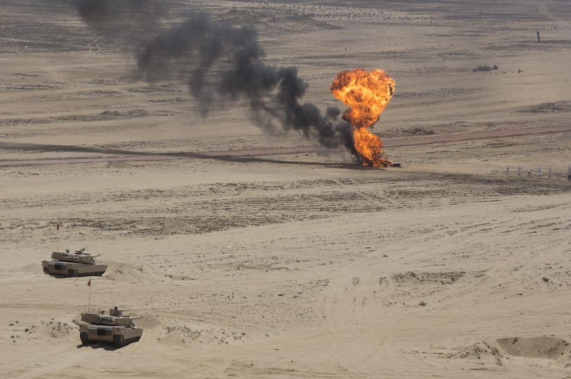 Egyptian Army M1A1 Abrams battle tanks take positions on a simulated battlefield during the final combined arms live fire exercise of Bright Star 2017. Exercise Bright Star 2017 is a bilateral U.S. Central Command command-post exercise, field training exercise and senior leader seminar, held with the Arab Republic of Egypt. Participation strengthens military-to-military relationships between U.S. and Egyptian forces in the Central Command area of responsibility. The exercise enhances regional security and stability by responding to modern-day security scenarios. (U.S. Department of Defense photo by Tom Gagnier)