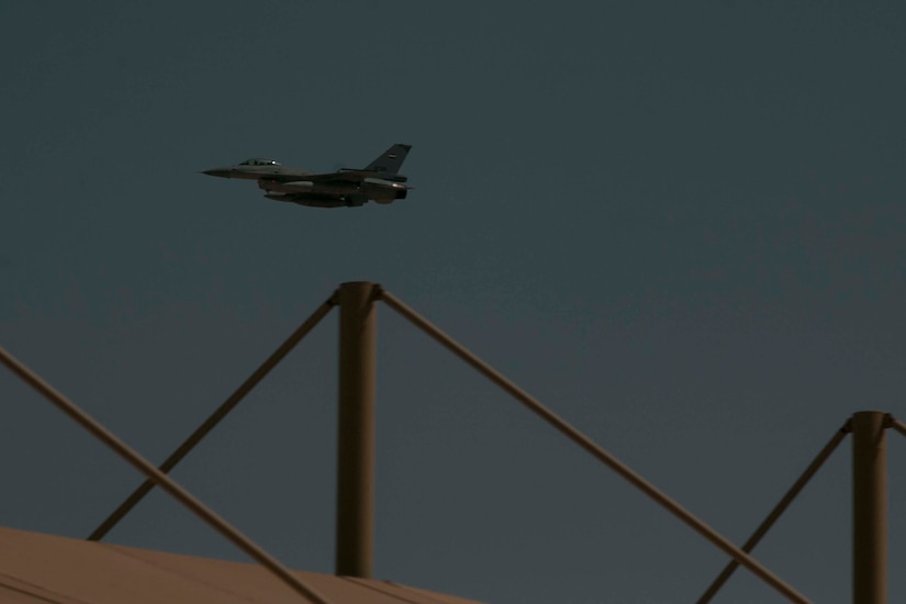 An Egyptian F-16 Fighting Falcon flies over the reviewing stand at the live-fire range after dropping flares at the start of the culminating joint combined live-fire exercise of Exercise Bright Star 2017 at Mohamed Naguib Military Base, Egypt, Sept. 20. Bright Star is a bilateral exercise between U.S. Central Command and the Arab Republic of Egypt during which about 200 U.S. personnel participated in a command-post exercise, a field training exercise and a senior leader seminar to promote and enhance regional security and cooperation. (U.S. Army photo by Staff Sgt. Leah R. Kilpatrick)