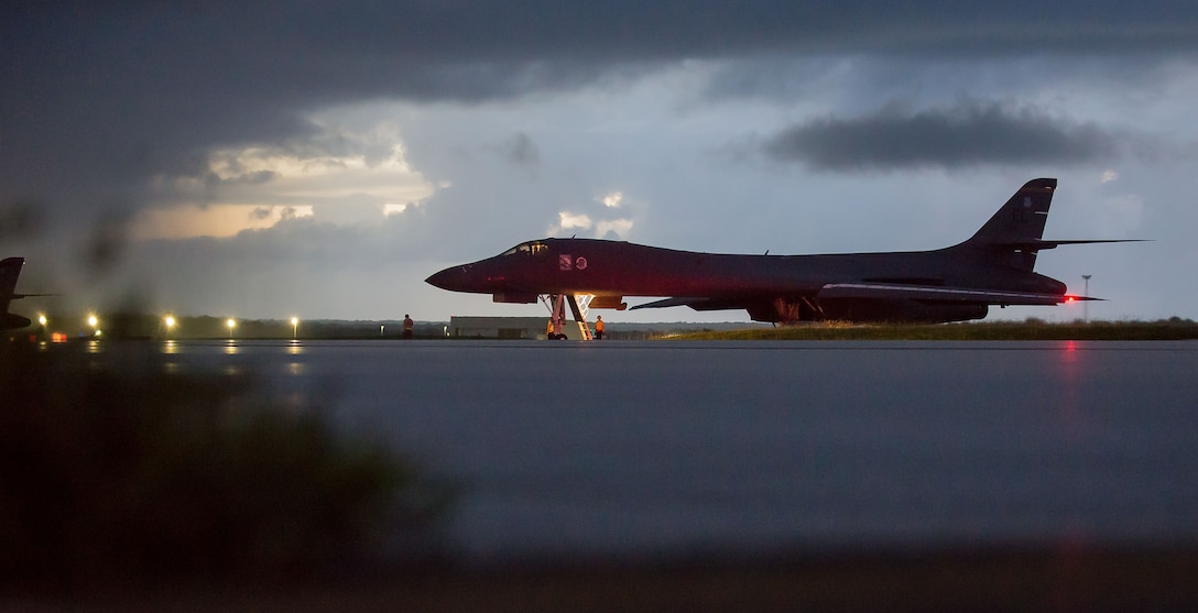 A U.S. Air Force B-1B Lancer, assigned to the 37th Expeditionary Bomb Squadron, deployed from Ellsworth Air Force Base, South Dakota, prepares to take off from Andersen AFB, Guam, Sept. 23, 2017. This mission was flown as part of the continuing demonstration of the ironclad U.S. commitment to the defense of its homeland and in support of its partners and allies.