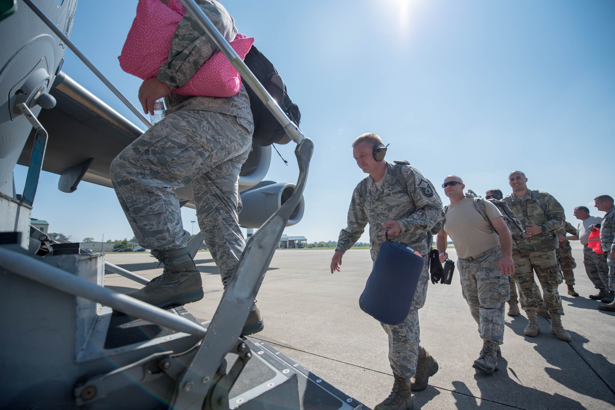 Airmen from the Kentucky Air National Guard’s 123rd Contingency Response Group board a West Virginia Air National Guard C-17 at the Kentucky Air National Guard Base in Louisville, Ky., Sept 23, 2017, in support of Hurricane Maria recovery operations. Thirty-two members of the unit are deploying to San Juan, Puerto Rico to establish an air cargo hub to process relief supplies.