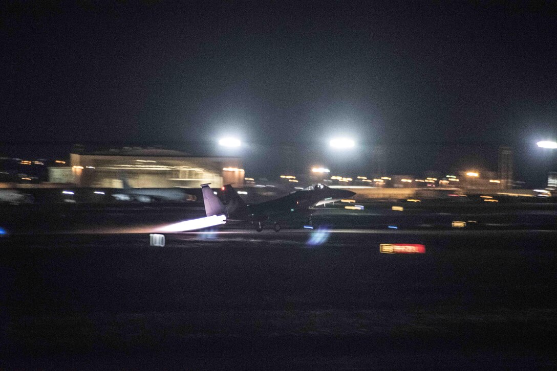 A U.S. Air Force F-15C Eagle takes off from the Kadena runway Sept. 23, 2017, at Kadena Air Base, Japan. Kadena-based F-15s escorted U.S. Air Force B-1B Lancer bombers executing a mission east of North Korea, flown to demonstrate the ironclad U.S. commitment to the defense of its homeland and in support of its partners and allies.