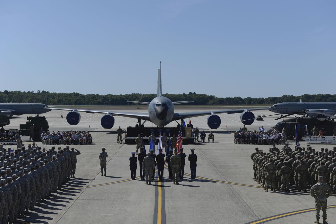 Gov. Christopher T. Sununu, Maj. Gen. William N. Reddel III, the former adjutant general of New Hampshire, Brig. Gen. David J. Mikolaities, adjutant general of New Hampshire, and Col. Bill Conway, Chief of Staff New Hampshire Army National Guard, conduct an inspection of troops during the adjutant general change of command ceremony Sept. 23, 2017 at Pease Air National Guard Base, N.H. Brig. Gen. David Mikolaities assumes duties as the Adjutant General, New Hampshire National Guard from Maj. Gen. William Reddel. (New Hampshire National Guard photo by Airman Victoria Nelson)