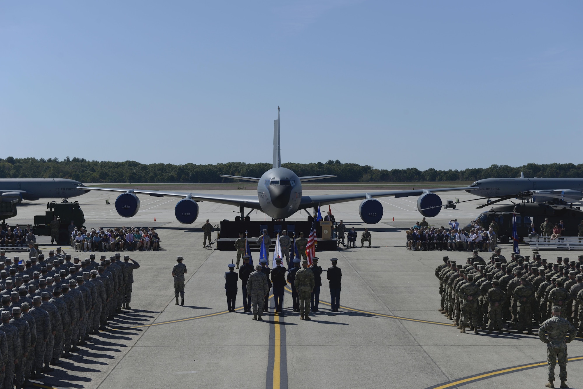 Gov. Christopher T. Sununu, Maj. Gen. William N. Reddel III, the former adjutant general of New Hampshire, Brig. Gen. David J. Mikolaities, adjutant general of New Hampshire, and Col. Bill Conway, Chief of Staff New Hampshire Army National Guard, conduct an inspection of troops during the adjutant general change of command ceremony Sept. 23, 2017 at Pease Air National Guard Base, N.H. Brig. Gen. David Mikolaities assumes duties as the Adjutant General, New Hampshire National Guard from Maj. Gen. William Reddel. (New Hampshire National Guard photo by Airman Victoria Nelson)