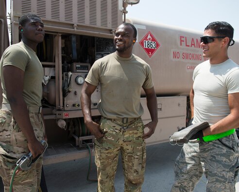 U.S. Air Force Senior Airman Yahya Elgazar, right, fuels distribution technician with the 379th Expeditionary Logistics Readiness Squadron, Fuels Management Flight, talks to U.S. Army Pfc. Deonte Jenkins, left, signal support systems specialist and fuel handler, and Spc. Anthony Jackson Jr., petroleum oils and lubricants specialist, both with the Headquarters and Headquarters Battalion 2-43 Air Defense Artillery, about the operations of the fuel management flight at Al Udeid Air Base, Qatar, Sept. 14, 2017.