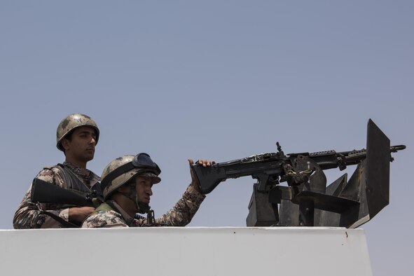 Members of the Jordanian military stand guard July 26, 2017, in Southwest Asia. The Jordanian military and U.S. Air Force work side-by-side to ensure the instillation is secure. (U.S. Air Force photo/Senior Airman Damon Kasberg)