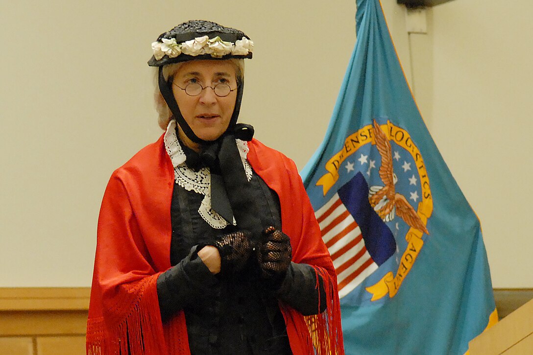 American Historical Theatre actress Marjorie Goldman portrays a mid-19th century Susan B. Anthony during a Women’s Equality Day event September 22, 2017 at DLA Troop Support in Philadelphia. Goldman educated the audience on Anthony’s life as a human rights activist and challenged employees to continue fighting for the equal rights of all people.