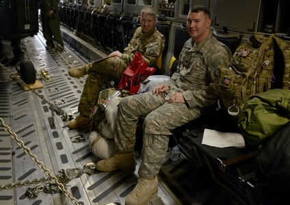 Members of the Missouri Army National Guard board a C-17 Globemaster III prior to being transported from Whiteman Air Force Base, Mo., to the Virgin Islands, Sept. 24, 2017. Elements of the Missouri National Guard have been activated to support hurricane relief efforts.