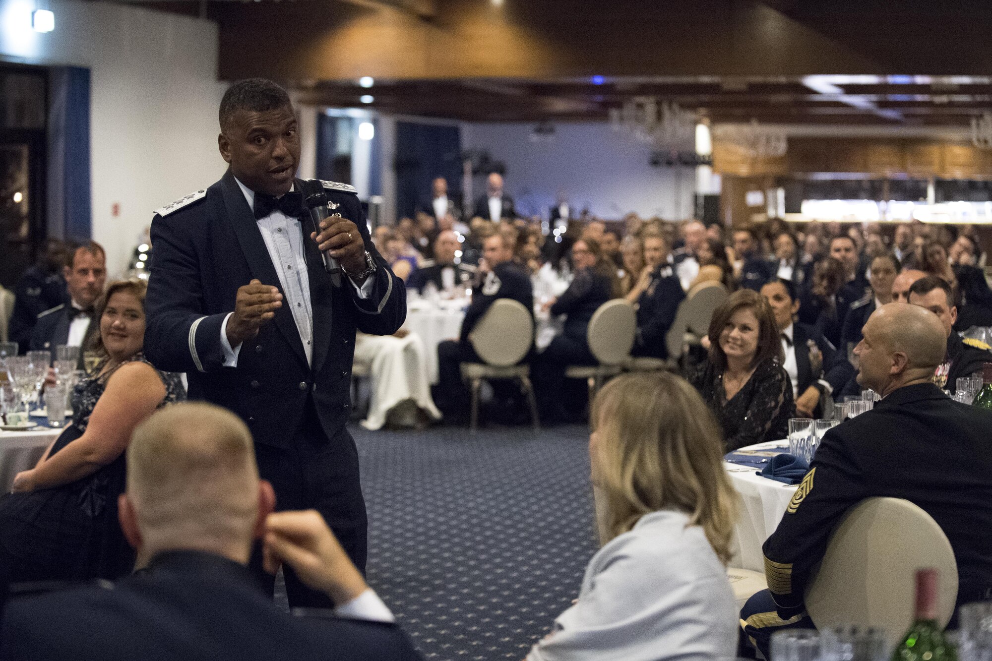 U.S. Air Force Lt. Gen. Richard M. Clark, 3rd Air Force commander, speaks to service members and their families during the Air Force Ball at the officer’s club on Ramstein Air Base, Germany, Sept. 23, 2017.