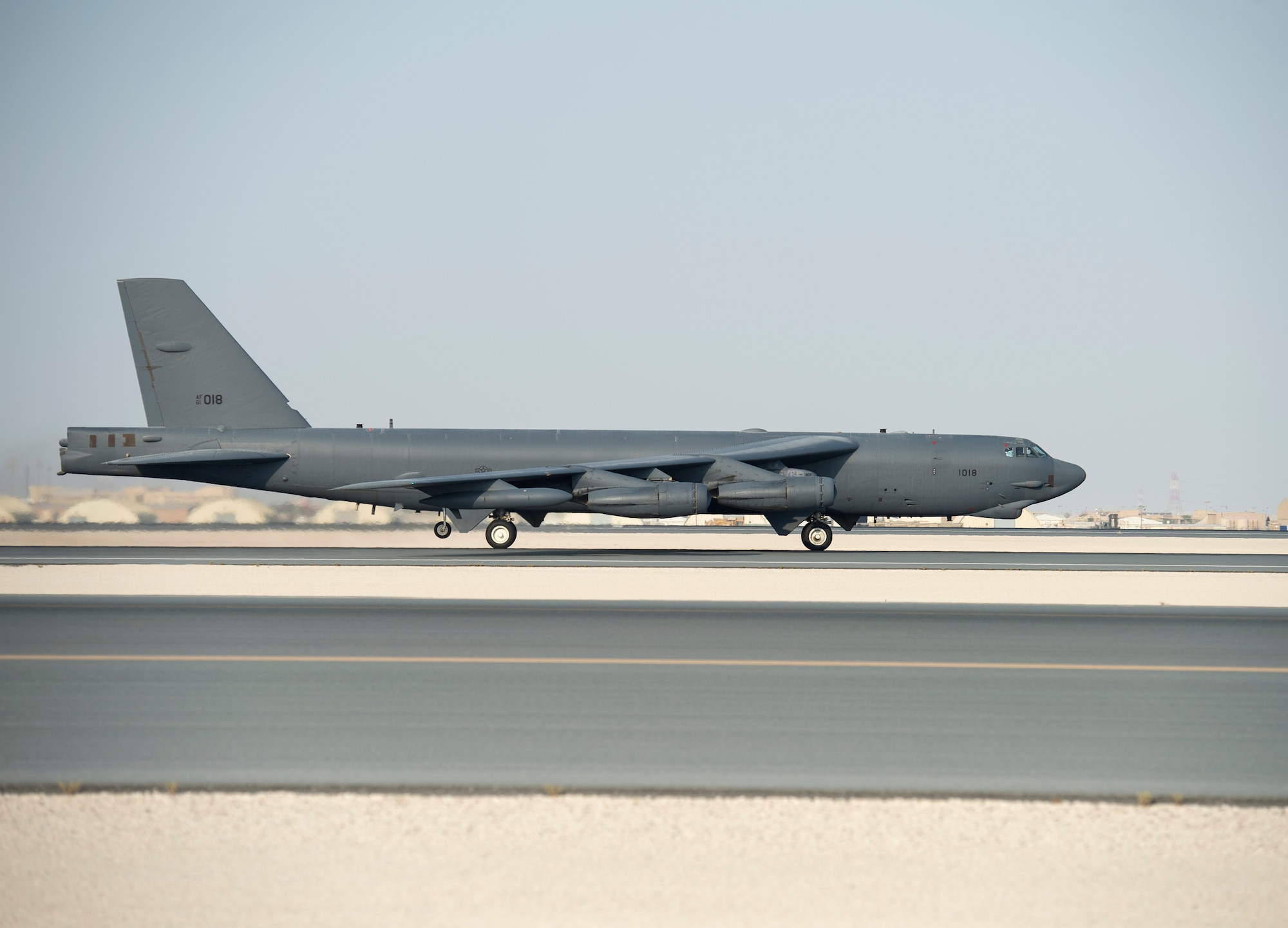 U.S. Air Force B-52 Stratofortress assigned to the 69th Expeditionary Bomb Squadron builds up enough speed for takeoff at Al Udeid Air Base, Qatar, Sept. 8, 2017.