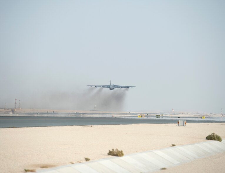 A U.S. Air Force B-52 Stratofortress assigned to the 69th Expeditionary Bomb Squadron takes off at Al Udeid Air Base, Qatar, Sept. 8, 2017.
