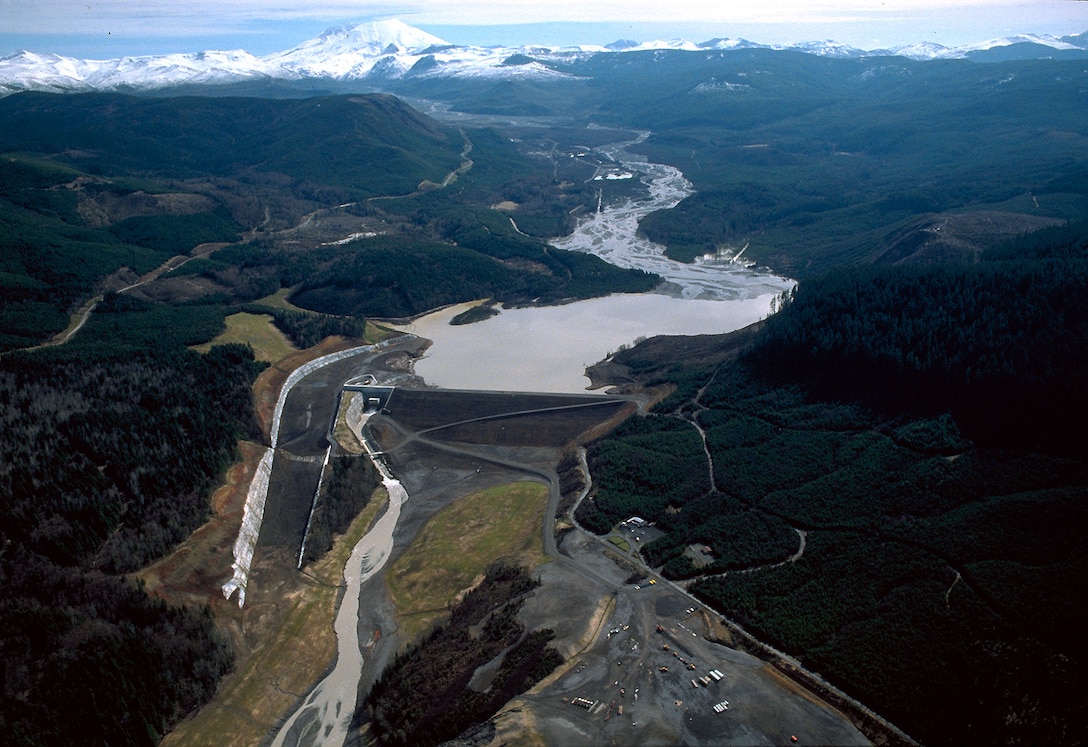 The sediment retention structure on the North Fork of the Toutle River was completed 1989 by the U.S. Army Corps of Engineers to retain some of the sediment in the Toutle River flowing down from the slopes of Mt. St. Helens. The dam is approximately 22 miles upriver from Castle Rock, Washington.
