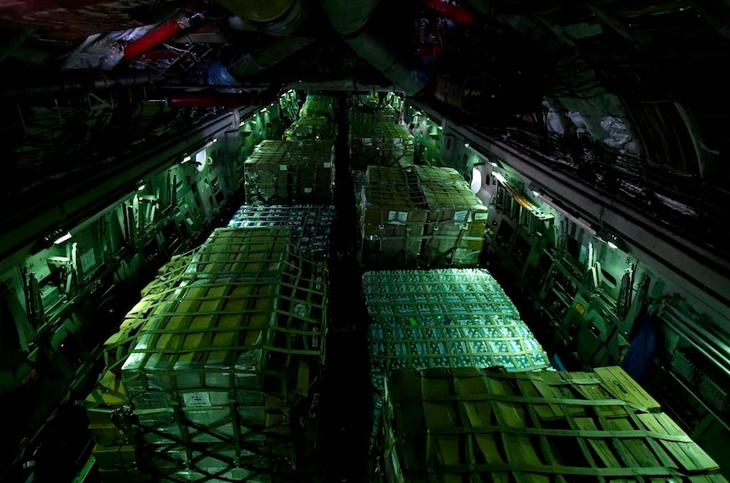 Cargo is flown to St. Croix, Virgin Islands from Kelly Field in San Antonio, Texas, Sept. 24, 2017. Members of the 14th Airlift Squadron, 437th Airlift Wing, delivered more than 129,000 pounds of food and water to St. Croix, Virgin Islands in support of relief efforts after Hurricane Maria. The mission to St. Croix marked the second mission the crew flew to the Virgin Islands for humanitarian aid in 48 hours.