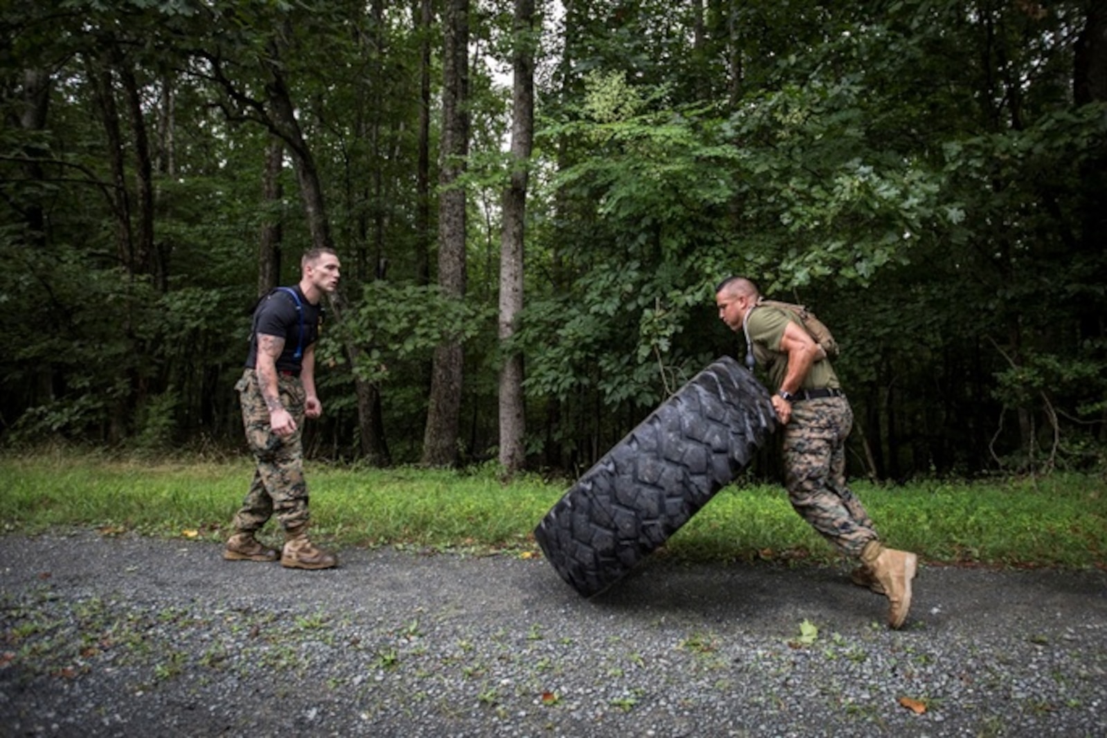 FFIT Sgt. Cody Anderson monitors form and motivates a Marine executed a tire flip during a Physical Training session as part of Force Fitness Instructor Course 4-17.
