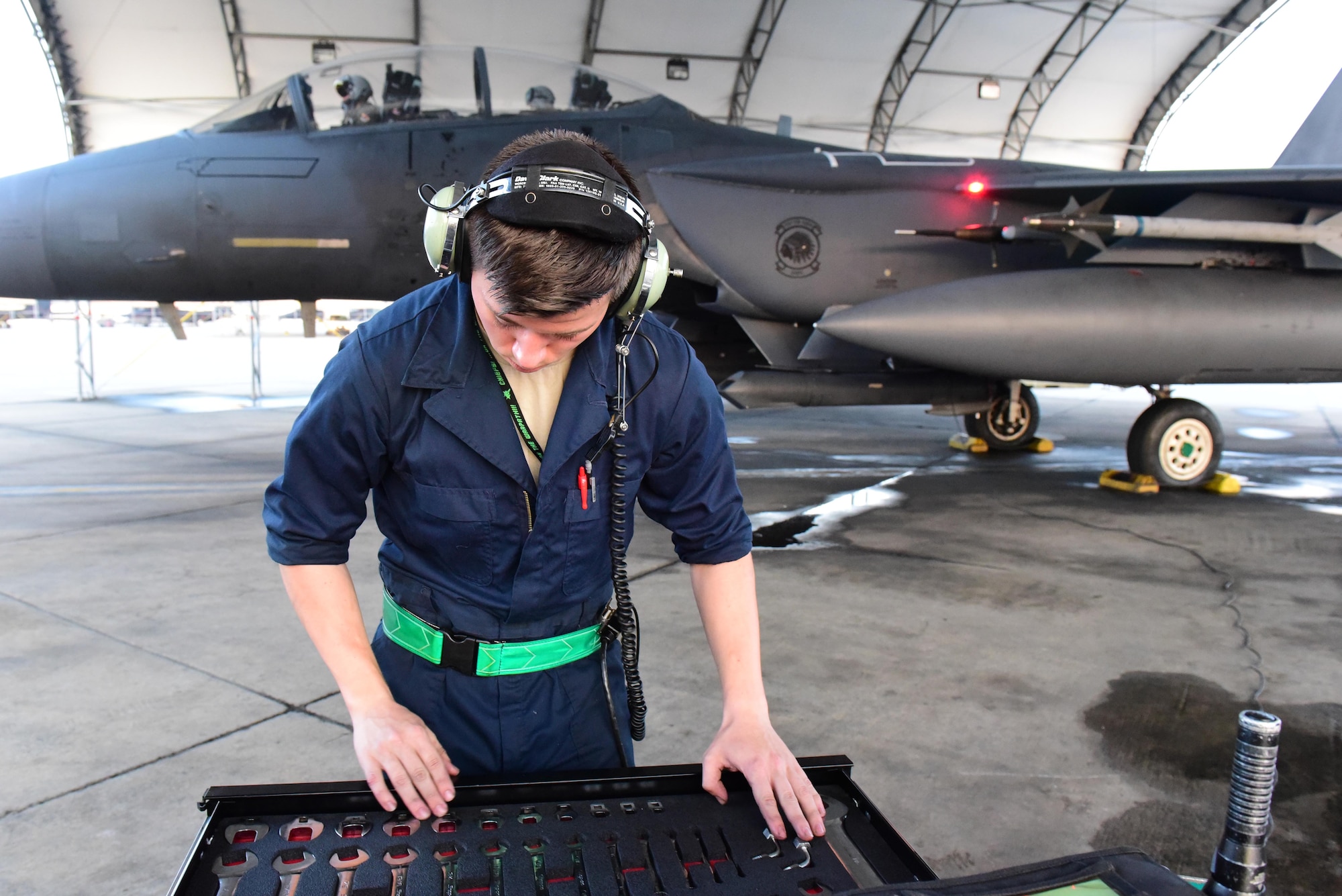 Airman 1st Class Timothy Webster, 4th Aircraft Maintenance Squadron crew chief, ensures all maintenance tools are accounted for during exercise Razor Talon, Sept. 21, 2017, at Seymour Johnson Air Force Base, North Carolina.