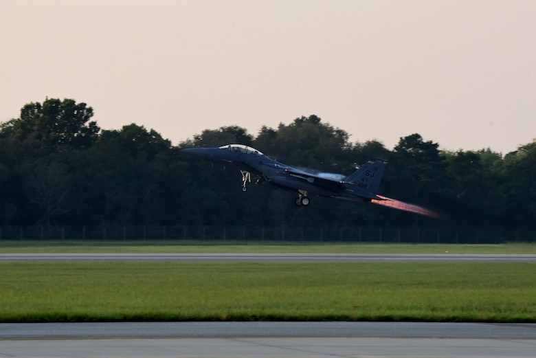 An F-15E Strike Eagle of the 336th Fighter Squadron, takes off during exercise Razor Talon, Sept. 21, 2017, at Seymour Johnson Air Force Base, North Carolina.