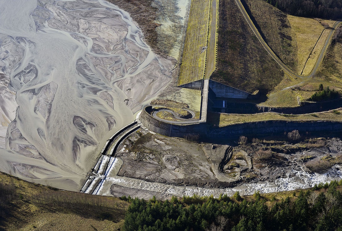 Aerial photo of the sediment retention structure and the sediment plain at Mount St. Helens