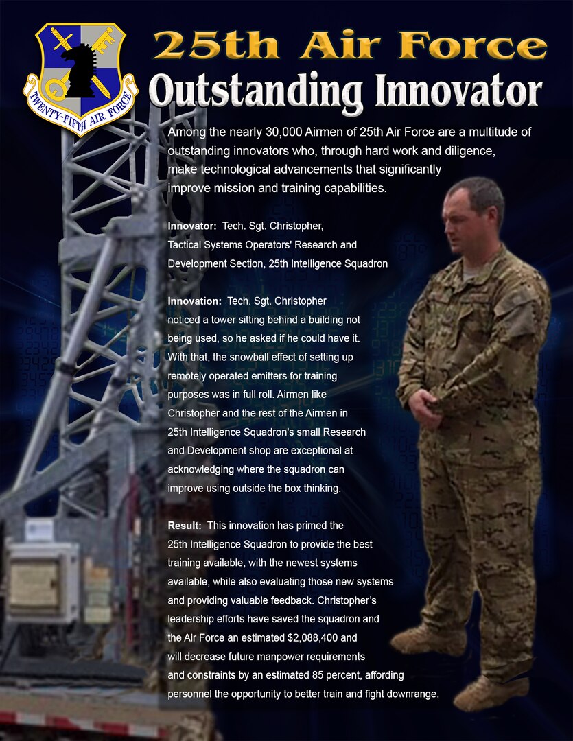 Graphic:  Tech. Sgt. Christopher, a member of the Tactical Systems Operators’ Research and Development section, 25th Intelligence Squadron, is one of 25th Air Force's Outstanding Innovators.