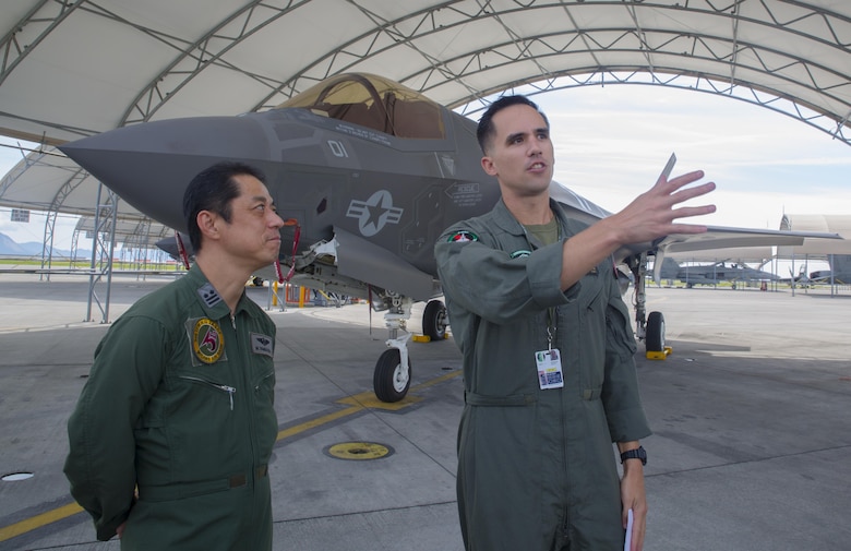 Japan Air Self-Defense Force personnel study the F-35B Lightning II during an educational tour and class led by Marine Fighter Attack Squadron 121 at MCAS Iwakuni, Japan, Sept. 13, 2017. Several classes were conducted for JASDF personnel regarding maintenance, serviceability, operability and more. Afterwards, they briefly toured VMFA-121’s facility, taking a peek into different departments and visiting the hangar to see, touch and study the aircraft up close. This is the first time VMFA-121 has conducted an exchange like this.