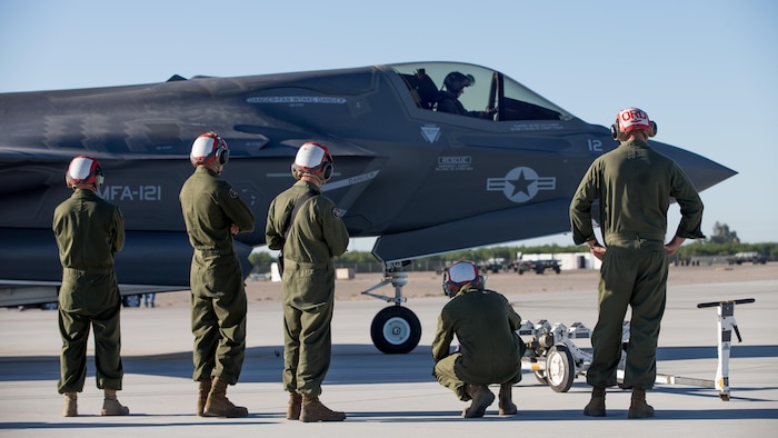 U.S. Marines with Marine Fighter Attack Squadron 121 load ordnance on a F-35B Lightning II while conducting a hotload during Weapons and Tactics Instructor Course (WTI) 1-18 in Yuma, AZ, on Sept. 21, 2017. WTI is a seven week training event hosted by Marine Aviation weapons and Tactics Squadron One (MAWTS-1) cadre which emphasizes operational integration of the six functions of Marine Corps aviation in support of a Marine Air Ground Task Force. MAWTS-1 provides standardized advanced tactical training and certification of unit instructor qualifications to support Marine aviation Training and Readiness and assists in developing and employing aviation weapons and tactics.