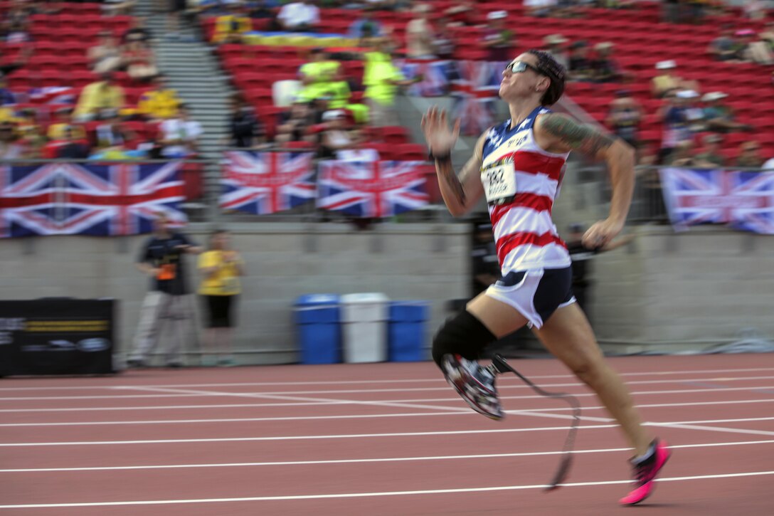 A retired Marine competes in a race during an international event.