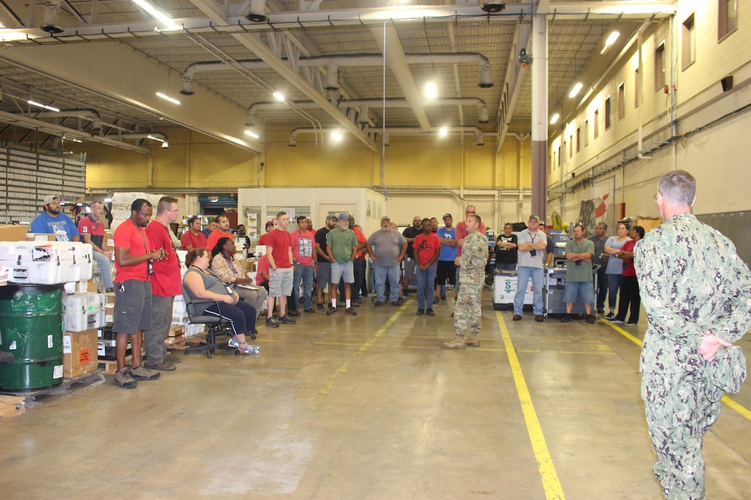 DLA Distribution commander Army Brig. Gen. John S. Laskodi visited DDCT, addressing the non-displaced workforce one week after Hurricane Harvey’s landfall, thanking them for everything they do to support the warfighter.