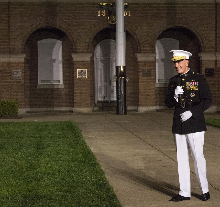 General Joseph F. Dunford, 19th Chairman of the Joint Chiefs of Staff, delivers remarks during a retirement ceremony for Lt. Gen. John E. Wissler, outgoing commander of Marine Corps Forces Command, at Marine Barracks Washington D.C., Sept. 22, 2017. Before Marine Corps Forces Command, Wissler served as commanding general of III Marine Expeditionary Force. He is retiring after 39 dedicated years of service to the Corps. (Official Marine Corps photo by Cpl. Robert Knapp/Released)