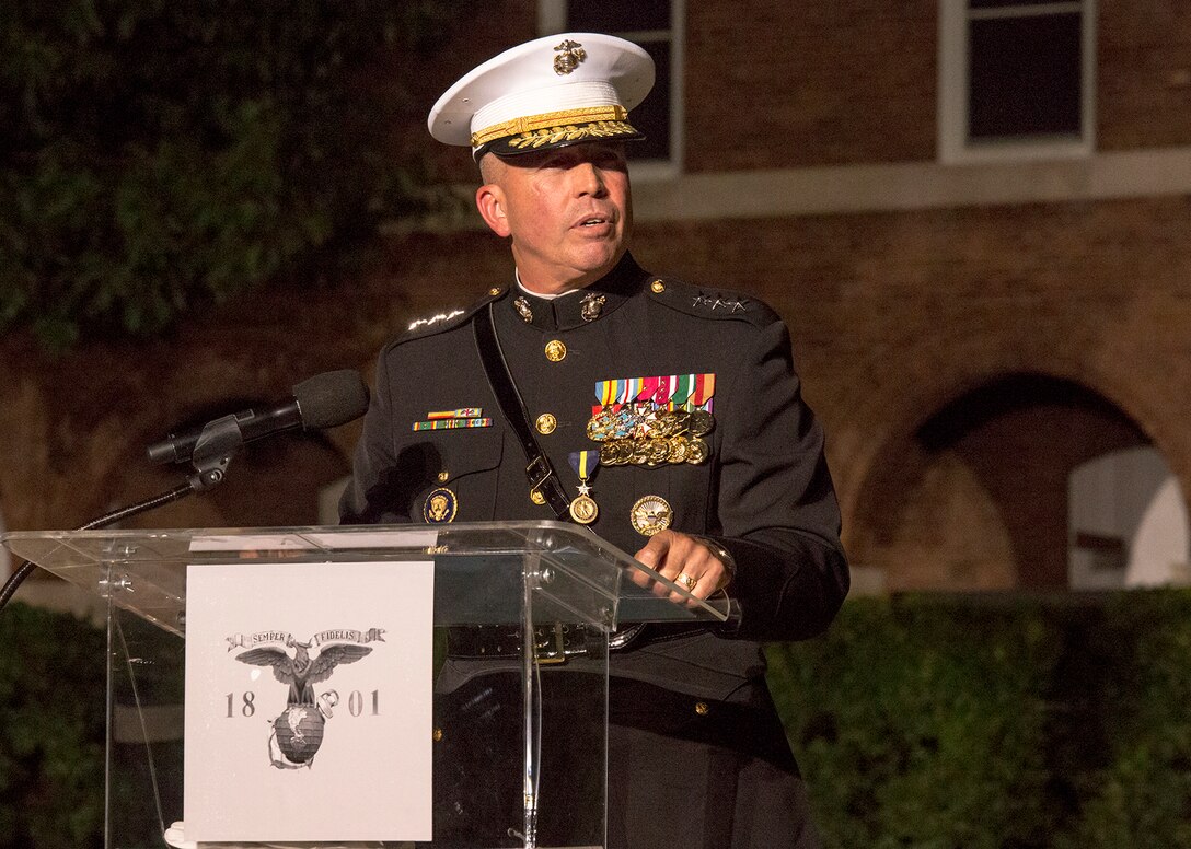Lieutenant Gen. John E. Wissler, outgoing commander of Marine Corps Forces Command, delivers remarks during his retirement ceremony at Marine Barracks Washington D.C., Sept. 22, 2017. Before Marine Corps Forces Command, Wissler served as commanding general of III Marine Expeditionary Force. He is retiring after 39 dedicated years of service to the Corps. (Official Marine Corps photo by Cpl. Robert Knapp/Released)