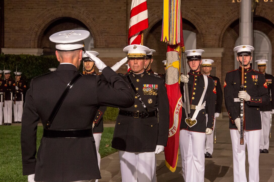 General Joseph F. Dunford, 16th Chairman of the Joint Chiefs of Staff, renders a salute to the National Ensign during a retirement ceremony for Lt. Gen. John E. Wissler, outgoing commander of Marine Corps Forces Command, at Marine Barracks Washington D.C., Sept. 22, 2017. Before Marine Corps Forces Command, Wissler served as commanding general of III Marine Expeditionary Force. He is retiring after 39 dedicated years of service to the Corps. (Official Marine Corps photo by Cpl. Robert Knapp/Released)