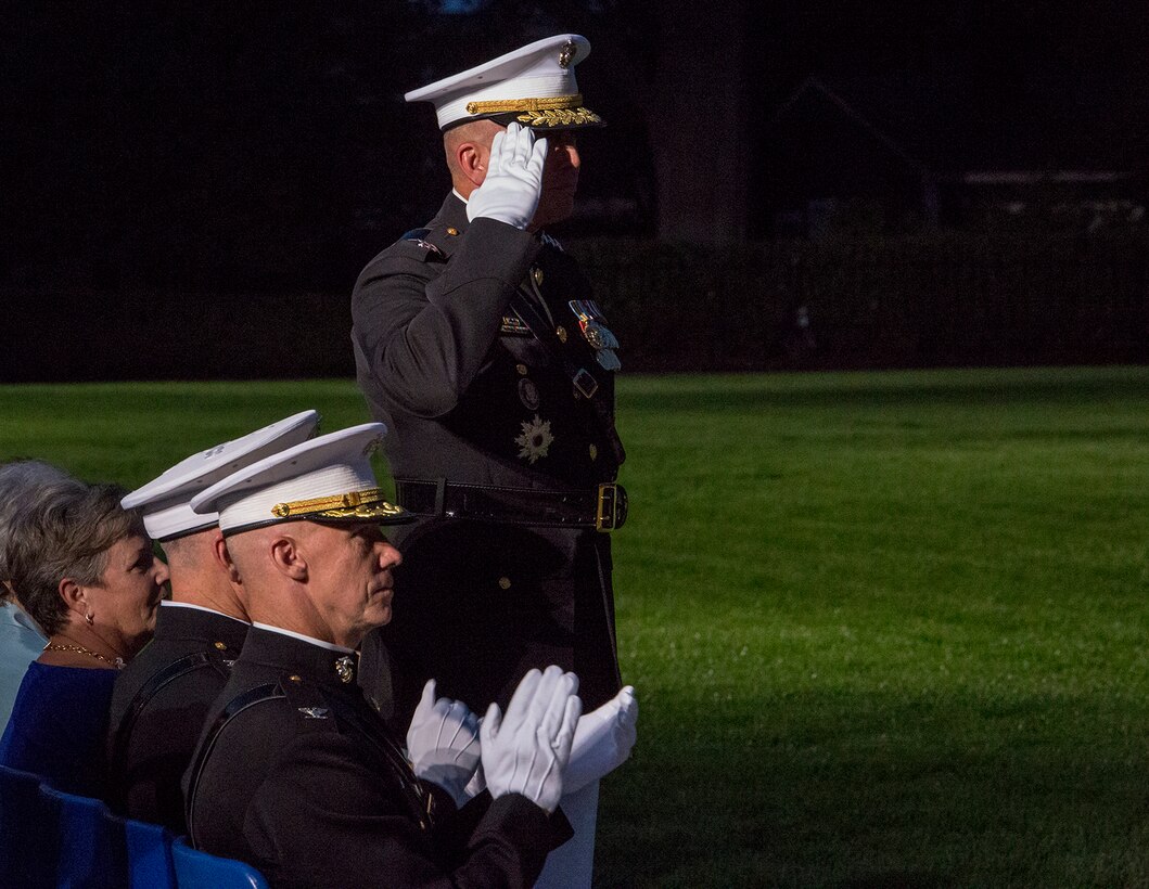 Lieutenant Gen. John E. Wissler, outgoing commander of Marine Corps Forces Command, renders a salute during his retirement ceremony at Marine Barracks Washington D.C., Sept. 22, 2017. Before Marine Corps Forces Command, Wissler served as commanding general of III Marine Expeditionary Force. He is retiring after 39 dedicated years of service to the Corps. (Official Marine Corps photo by Cpl. Robert Knapp/Released)