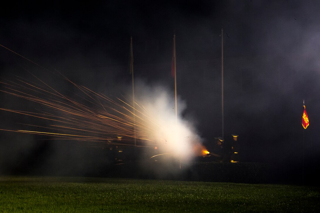Marine Corps Body Bearers with Bravo Company, Marine Barracks Washington D.C., fire canon volley to render honors to Lt. Gen. John E. Wissler, outgoing commander of Marine Corps Forces Command, during a retirement ceremony for Wissler at the Barracks, Sept. 22, 2017. Before Marine Corps Forces Command, Wissler served as commanding general of III Marine Expeditionary Force. He is retiring after 39 dedicated years of service to the Corps. (Official Marine Corps photo by Cpl. Robert Knapp/Released)