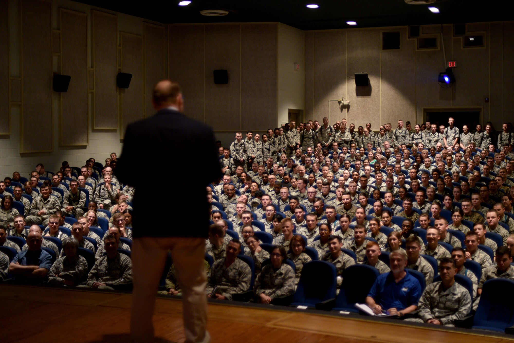 Dr. Bruce Bechtol, Angelo State University political science professor, gives a presentation in the Base Theater on Goodfellow Air Force Base, Texas, Sept. 22, 2017. Bechtol discussed national security issues that the intelligence community faces now and in the future. (U.S. Air Force photo by Airman 1st Class Randall Moose/Released)