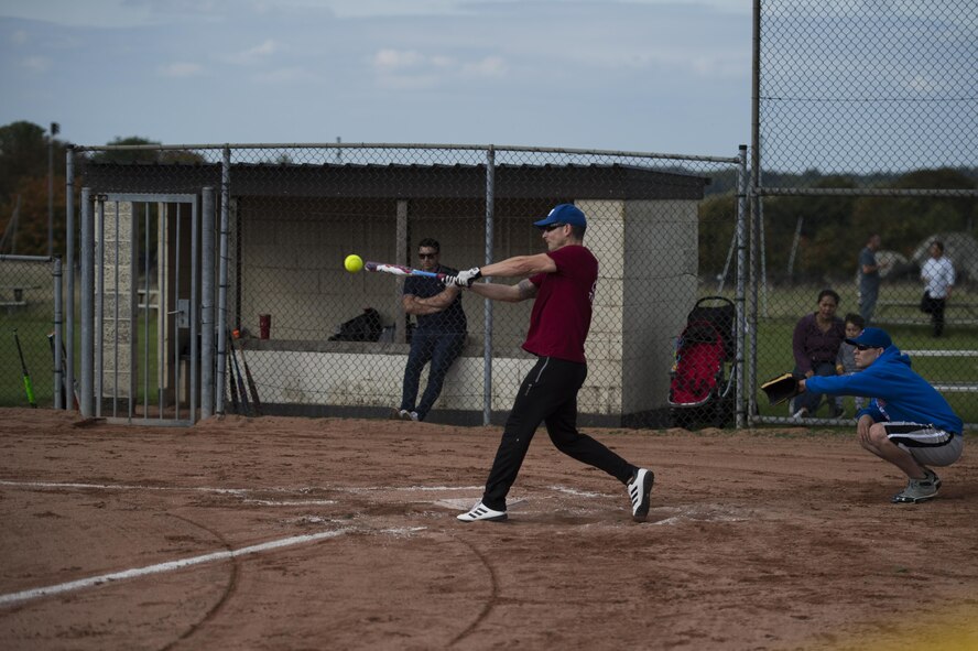 A Softball game was held, 23 September, 2017, on RAF Croughton, United Kingdom, during the 501st Combat Support Wing Air Force Birthday Bash. This year the air Force celebrated 70 years as a distinct branch of the Department of Defense. (U.S. Air Force photo by SrA Zachary Bumpus)