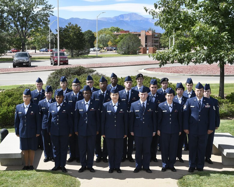 Members of the September class of the First Term Airmen’s Course stand in formation Sept. 19, 2017 on Peterson Air Force Base, Colorado. Airmen learn to set career goals, create budgets and develop performance reports to help them quickly integrate into the Air Force at their first duty assignments. (U.S. Air Force Photo by Craig Denton)